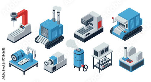 Isometric industrial machinery collection: diverse factory equipment set