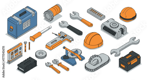Isometric toolbox and construction tools set in bold colors