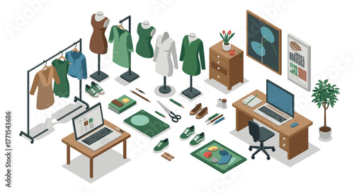 Isometric fashion design studio with office area and clothing display