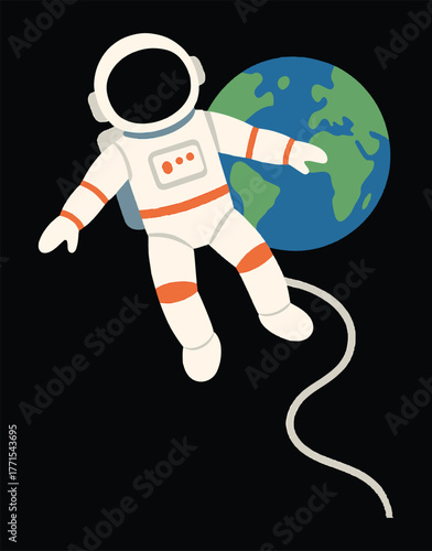 A stylized astronaut in a white suit with orange accents floats in the vast blackness of space, tethered to an unseen point, with a vibrant Earth visible behind them.