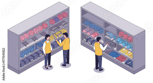 Isometric shopping scene with people browsing yarn and fabric shelves in a store
