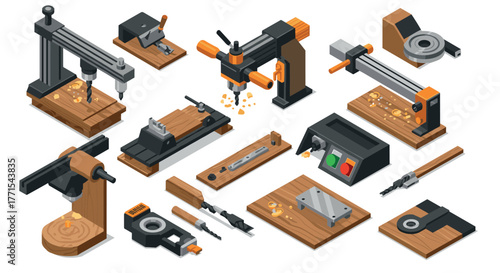 Isometric woodworking tools workshop with detailed equipment and accessories