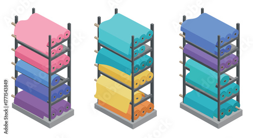 Colorful fabric rolls on storage shelves in isometric three-dimensional design