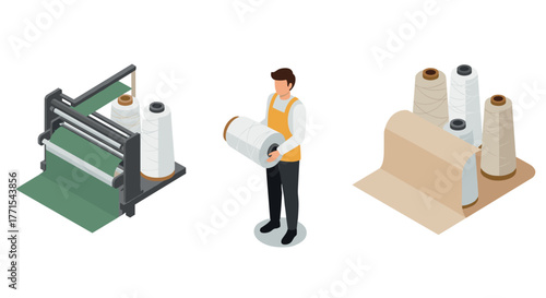 Textile manufacturing process with worker holding yarn in isometric style