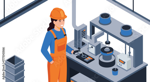 Female engineer in industrial lab setting with equipment and digital controls