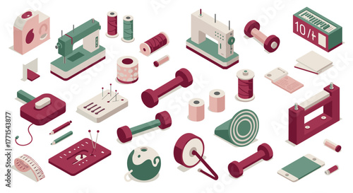 Isometric sewing and craft tools in vintage pastel colors