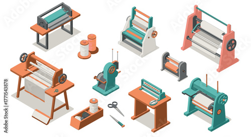 Isometric retro sewing machines and equipment set in pastel colors