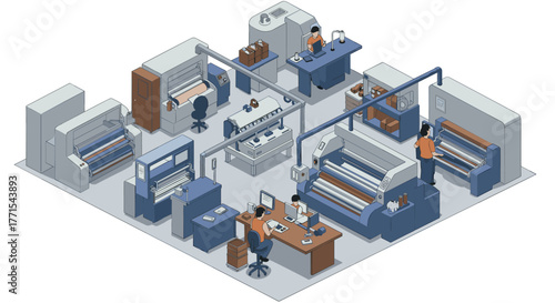 Isometric print shop interior with modern equipment and people working in colorful workspace