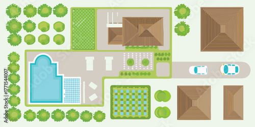 Aerial view of a modern home with a swimming pool garden and cars in the driveway