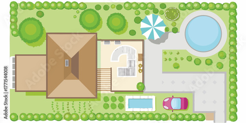 Top view illustration of a modern house with a swimming pool patio and car in the driveway