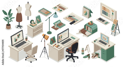 Modern workspace elements in isometric style for creative design projects