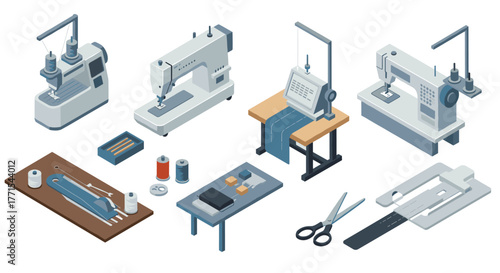 Isometric sewing machines and tools collection for fashion design and tailoring projects