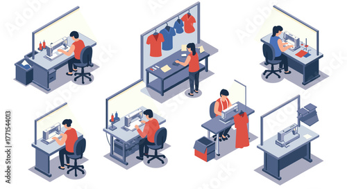 Isometric office and fashion workspace with sewing machines and designers
