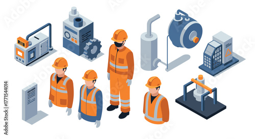 Industrial workers and machinery in isometric design for manufacturing themes