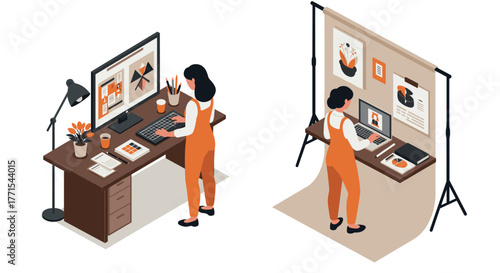 Isometric workspace design: creative professionals at computer desks