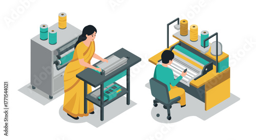Textile manufacturing process in modern factory with workers operating machinery