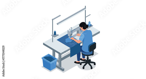 Seamstress working at sewing machine in isometric style