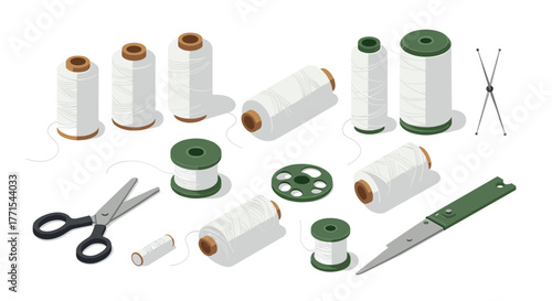 Isometric sewing supplies set with thread spools, scissors, and needles