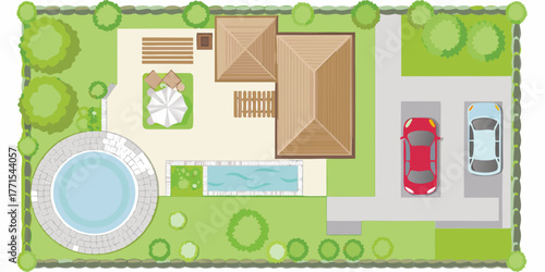 Top view aerial illustration of a modern house with a swimming pool and hot tub in the backyard