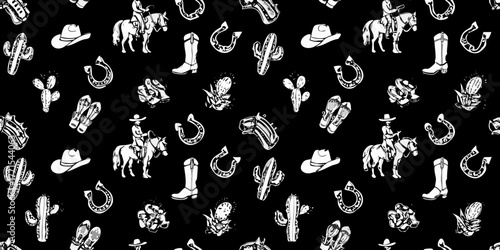 Whimsical western doodle pattern featuring cowboys on horses cowboy hats boots and horseshoes on a black background