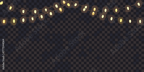 Warm glowing string lights draped across a dark checkered background creating a festive atmosphere