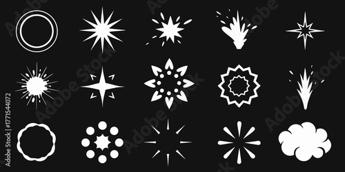 Collection of white starbursts explosions and sparkle effects on black background
