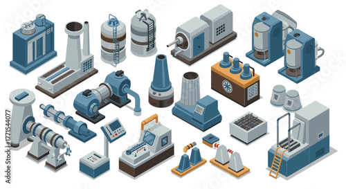 Industrial manufacturing equipment set in isometric style for factory design projects