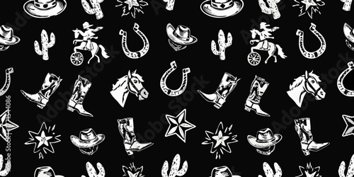 Western cowboy theme pattern with horseshoes boots cacti and hats on black background