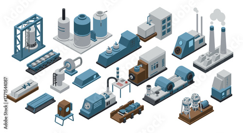 Isometric industrial factory elements collection in blue tones