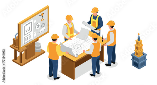 Collaborative team of engineers discussing construction blueprints in isometric workspace