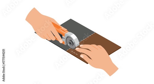 Isometric view of handheld fabric cutter in action