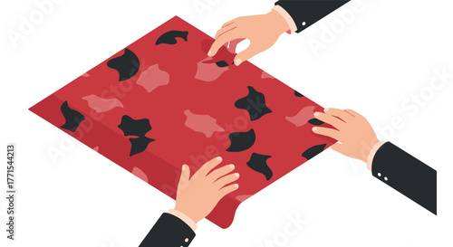 Collaborative unwrapping: hands opening patterned paper package together