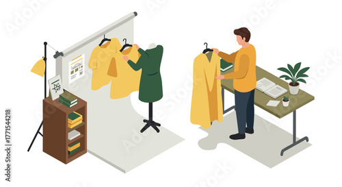 Isometric fashion design studio with tailor adjusting garments and workspace elements