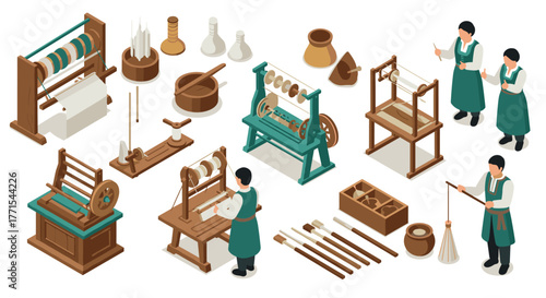 Isometric traditional weaving tools and artisans in historical textile workshop