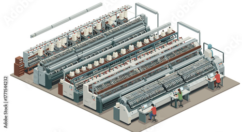 Isometric textile factory interior with industrial sewing machines and workers