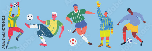 Colorful illustration of footballers playing soccer match with goalkeeper and team action scenes