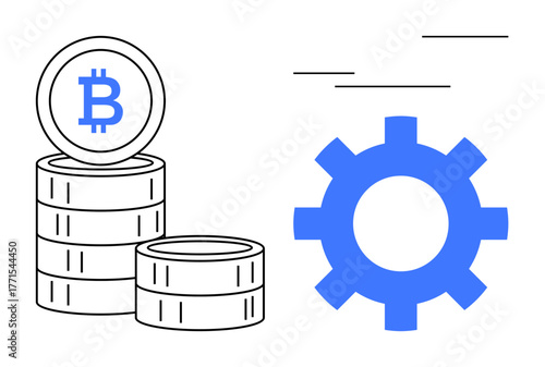 Bitcoin coins stacked beside a blue gearwheel signifying blockchain, cryptocurrency, fintech, decentralized finance, technology processes, economy, growth potential. Ideal for finance, technology