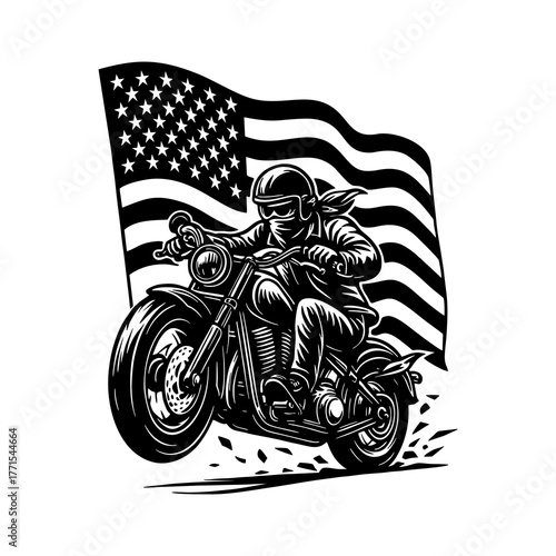 American Biker Vector | USA Flag Motorcycle Illustration | Patriotic Rider Silhouette | Freedom Bike Art | Harley Chopper Design