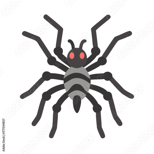 Black spider with red eyes in flat design illustration
