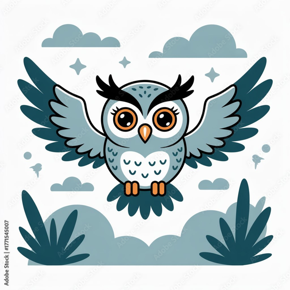Obraz premium Cute Whimsical Owl Flying with makeshift wings Vector Illustration