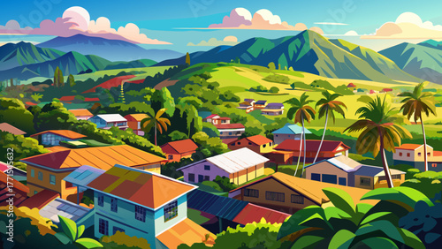 Very beautiful elevated view of Waimea Town on Kauai, Hawaii, USA, showing colorful rooftops, lush green surroundings, distant mountains, and the tropical island landscape under a bright clear sky.