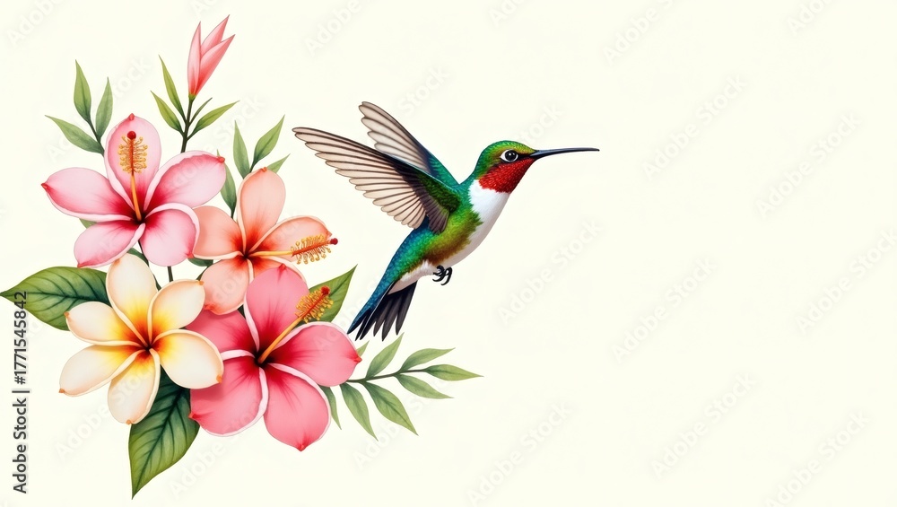 Obraz premium hummingbird with flower, showing beauty and charm in flight. The bird showcases colorful feathers and delicate floral arrangement adding elegance and delight.