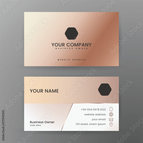 Elegant business card design with rose gold gradient and geometric logo.