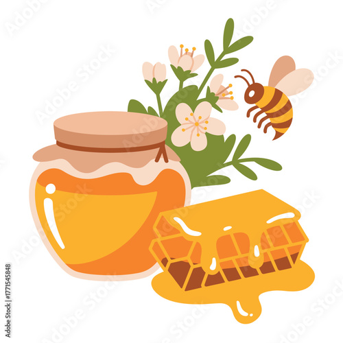 Sweet honey pot with honeycomb and bee surrounded by flowers