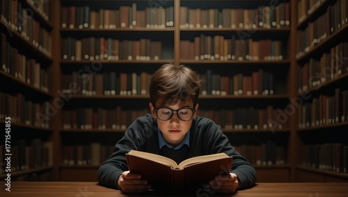 A young boy engrossed in reading a book in a library, surrounded by bookshelves