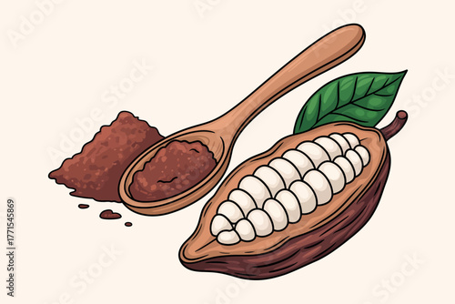 Hand drawn illustration of cocoa pod with beans and spoon of cocoa powder