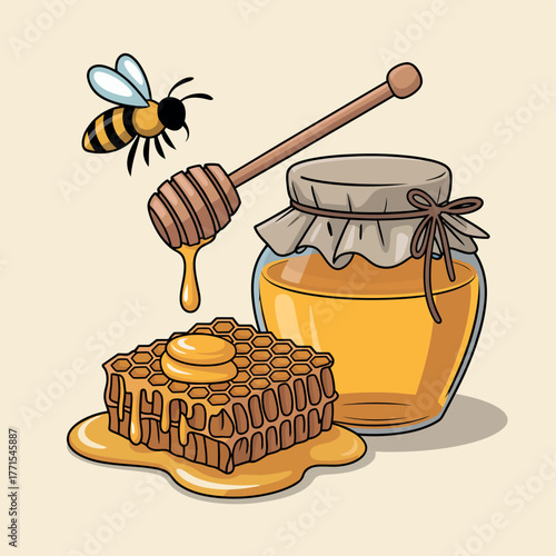Illustration of a bee honeycomb and jar of honey with a dipper