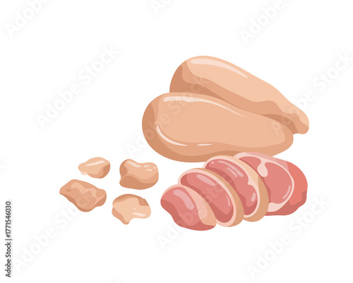 Raw chicken breast and sliced chicken pieces on white background