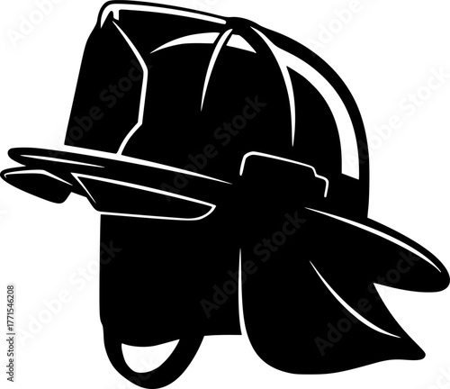 Firefighter Helmet Silhouette – Black Vector Illustration, Fireman Hat, Protective Headgear, Safety Equipment, Rescue, Emergency Service, Fire Department, Hero, Clipart, Editable Vector Design.
