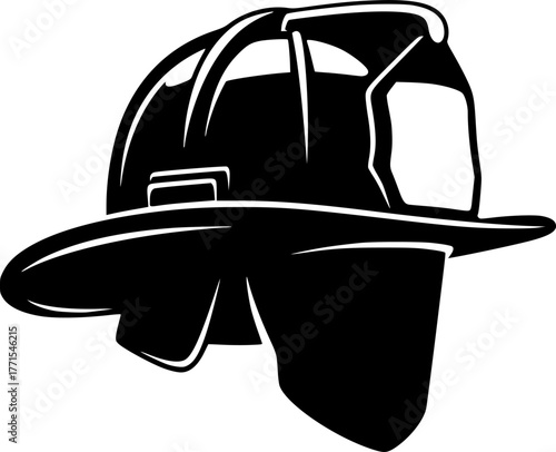 Firefighter Helmet Silhouette – Black Vector Illustration, Fireman Hat, Protective Headgear, Safety Equipment, Rescue, Emergency Service, Fire Department, Hero, Clipart, Editable Vector Design.